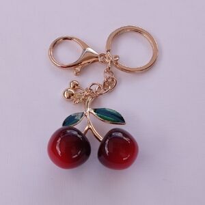 Cherry Keychain Red Cherry Bag Charm with Gold Accents